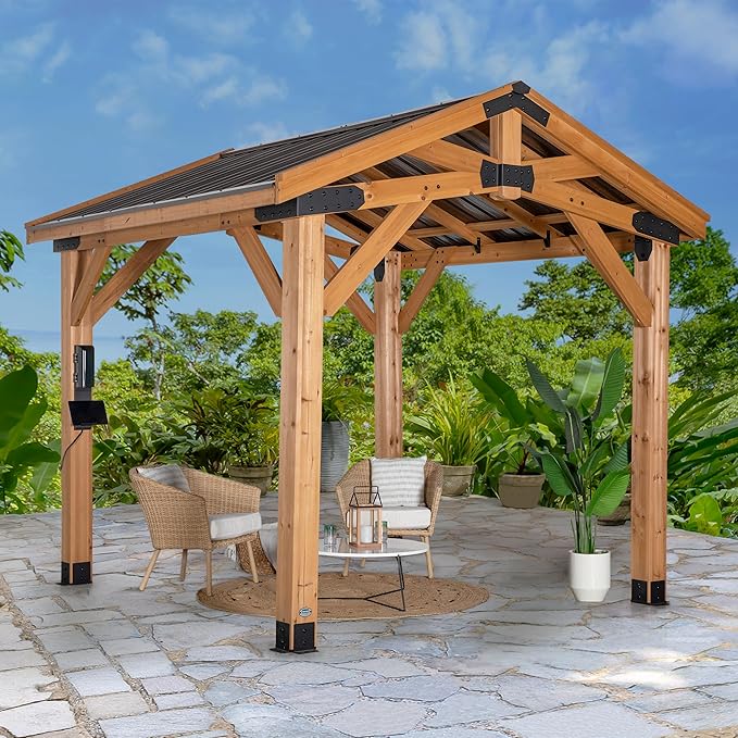 Backyard Discovery Norwood 10' x 10' Cedar Wood Outdoor Gazebo Pavilion with Hardtop Galvanized Steel Peak Roof, Snow Support, Wind Resistance, PowerPort, Shade for Garden, Patio, Deck, Entertaining