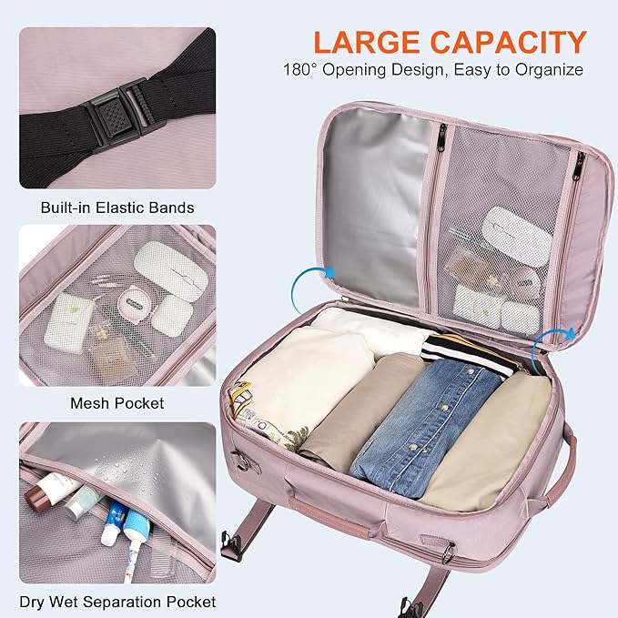 PIJUSHI Travel Backpack for Women Carry on Suitcase Backpack Flight Approved Personal Item Bag Fits 16 Inch Laptop(PE035 Light Purple)