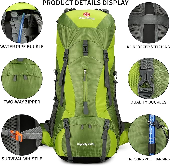WintMing 75L Hiking Backpack with Rain Cover Waterproof Camping Backpack Shoes Warehouse for Men Women