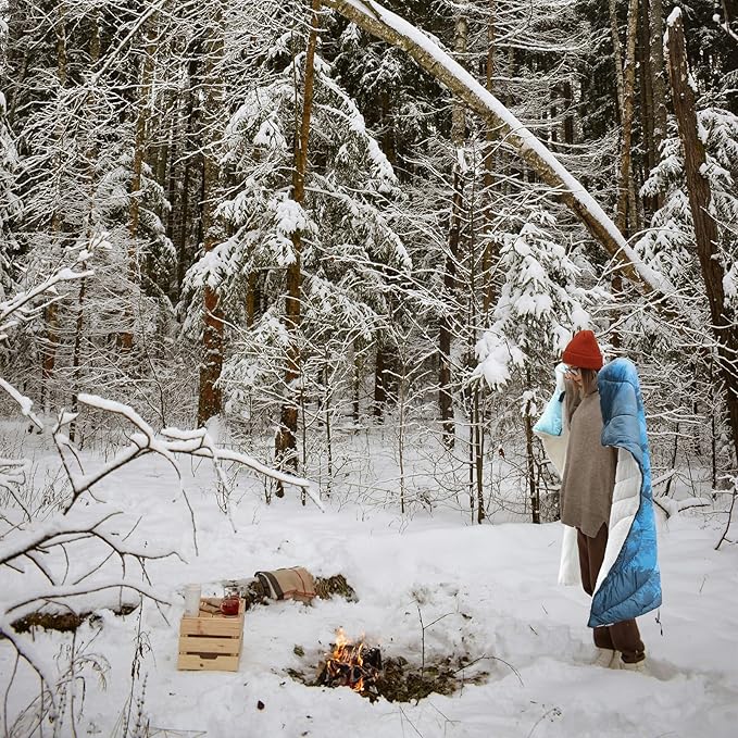 zzlamb Sherpa Puffy Camping Blanket,Packable Outdoor Warm Wearable Fleece Blankets for Cold Weather,Thick Camp Quilt with Sherpa Lining for Sleeping,Traveling,Backpacking,Picnics,Beach,Stadium 52x75in