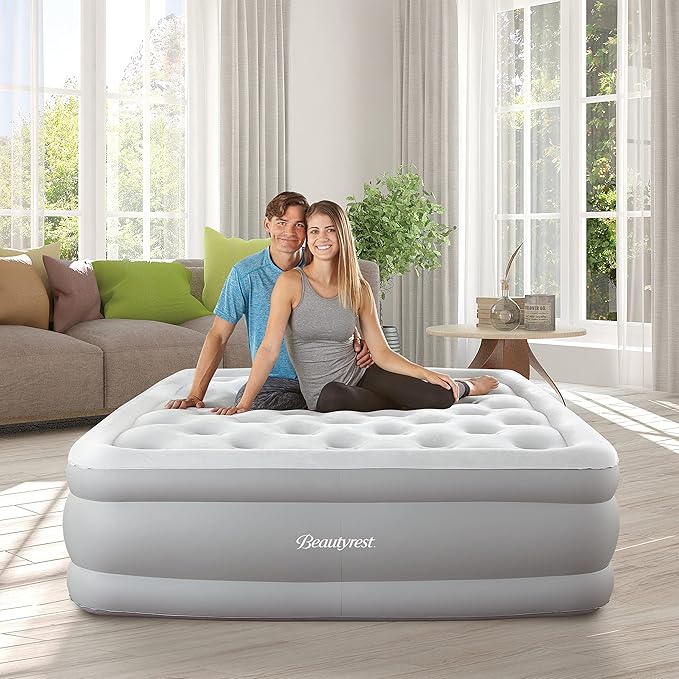 Beautyrest Skyrise Queen Size Air Mattress with Coil Beam Construction, Edge Support with External Pump and Puncture Resistant Vinyl for Guests and Camping