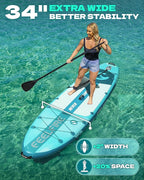 Feelfire11'x34” Extra Wide Inflatable Paddleboard, Stand-up Paddle Board for Adults, 420lb Capacity for Yoga/Fishing/Family, EVA Deck, US Fin, High-Pressure Pump, Storage Backpack, Safety Leash