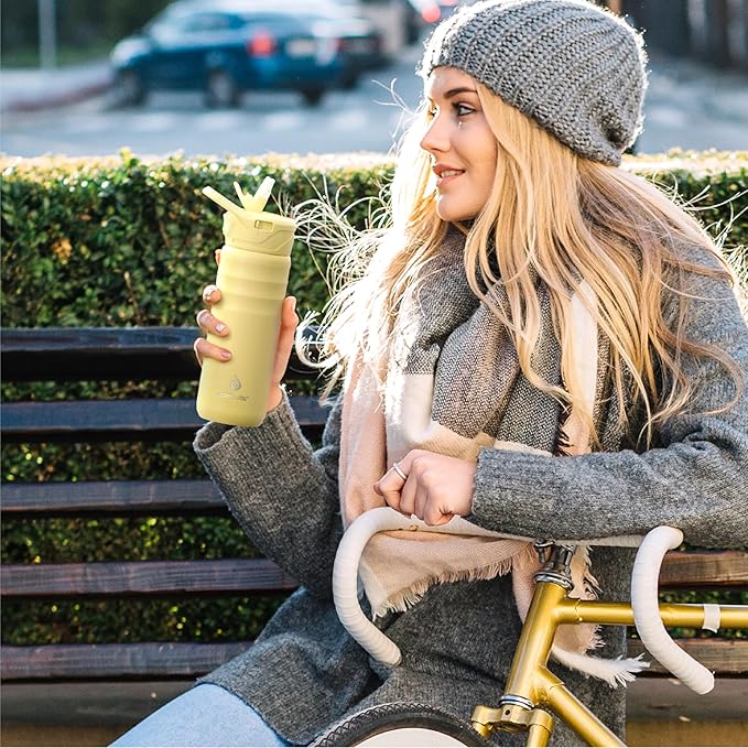 IDEUS Insulated Stainless Steel Water Bottle with 2 Leak-Proof Lids, Thermal Water Flask for Hiking Biking, 24oz, Light Yellow