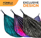 Foxelli Camping Hammock - Lightweight Portable Hammock, Easy Setup with Tree-Friendly Ropes & Steel Carabiners, Heavy Duty Parachute Nylon for Indoors and Outdoors
