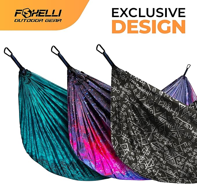 Foxelli Camping Hammock - Lightweight Portable Hammock, Easy Setup with Tree-Friendly Ropes & Steel Carabiners, Heavy Duty Parachute Nylon for Indoors and Outdoors