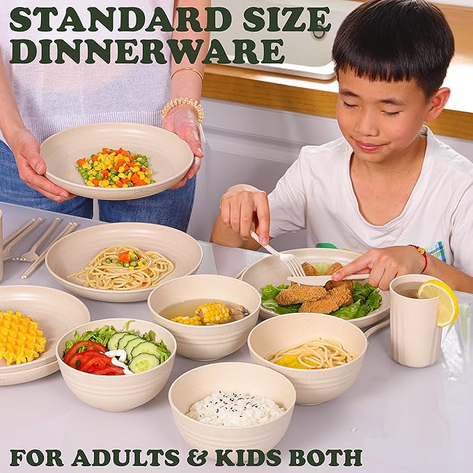 Wheat Straw Dinnerware Sets for 4 - Alternate To Plastic Dinnerware Set - Dishwasher Safe Microwave Plates - Lightweight Wheatstraw Dishes - Unbreakable Camping Plates & RV Dishes