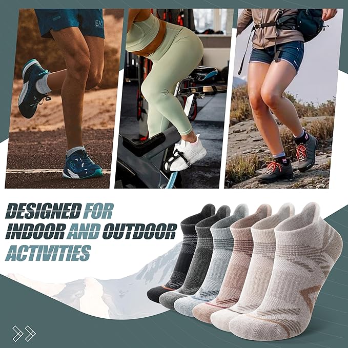 ANTSANG 6 Pairs Merino Wool Ankle Hiking Running Socks Compression Thick Cushion Breathable No Show Socks for Men Women
