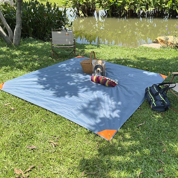 Medium Picnic Mat 6FT Lightweight Camping Tarp Tent Blankets Pocket Beach Blanket Foldable Washable Picnic Rug Quick Dry Compact Beach Mats Hiking Outdoor Essentials(Gray/Blue,78"*83"/6.56ft×6.89ft)