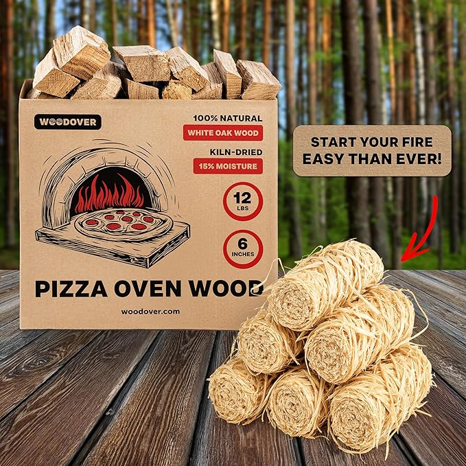 Pizza Oven Wood with Fire Starters, 12 lbs Kiln-Dried White Oak Logs (6 Inch) for Ooni, Solo Stove, Gozney – Low Smoke, Clean Split Firewood for Outdoor Cooking & Wood-Fired Pizza, Approx 800 cub.in.