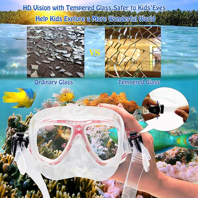 Kids Mask Fins Snorkel Set Snorkeling Packages, with Diving Mask, Snorkel, Adjustable Swim Fins, Mesh Bag, Anti-Fog Anti-Leak Snorkeling Gear for Kids for Snorkeling Swimming Diving