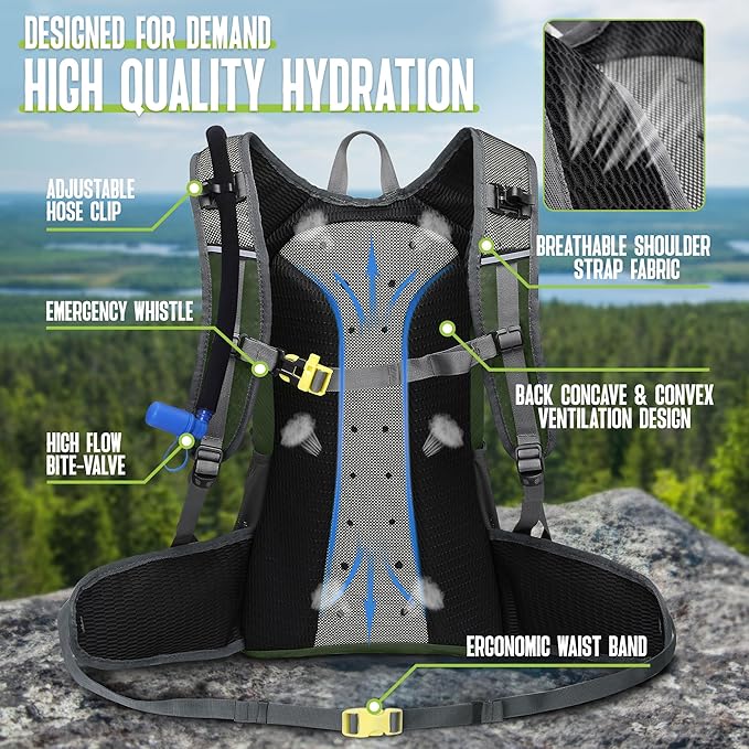 N NEVO RHINO Hydration Backpack, 18L Multipurpose Hiking Backpack with 3L Water Bladder, Water Backpack Insulated Hydration Pack Ideal for Hiking and Cycling