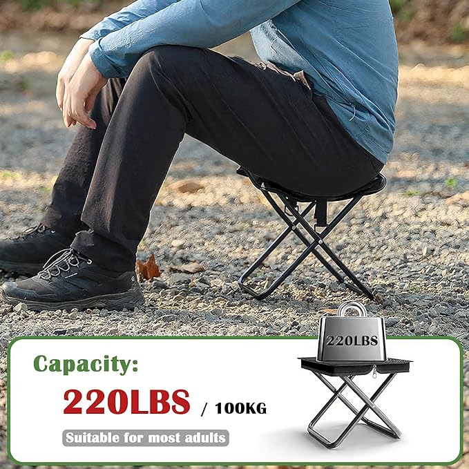 Camping Stool Pocket Chair, Lightweight Portable Stool with Shoulder Strap, Capacity 220lbs for Adults Outdoor Hiking Fishing Travel-Medium Black