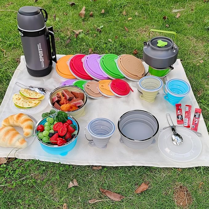 Mess Kit for Camping Silicone Collapsible Bowl Collapsible Cup and Stainless Steel Spoon for Backpacking Outdoor Hiking Traveling and Picnic