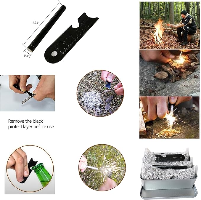 Survival Fire Starter Kit – 6 Bags Magnesium Shavings, 3.15" Ferro Rod, Wax Rope, Emergency Blanket, 14-in-1 Multi Tool Card, Wire Saw, Outdoor Camping Hiking Gear with Waist Bag
