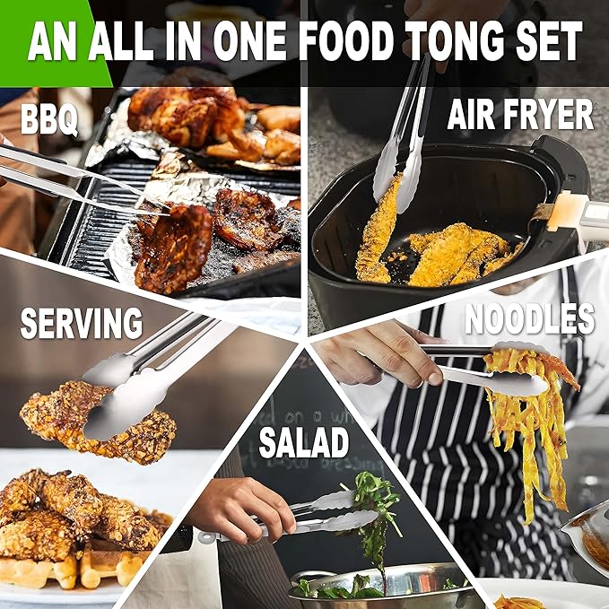 Anaeat Stainless Steel Locking Tong Set of 3 - Premium 7, 9 and 12 inch Kitchen Food Tongs with Non-Slip Silicone Tips and Grip for Serving, Cooking, Baking and BBQ - Heavy Duty & Heat Resistant