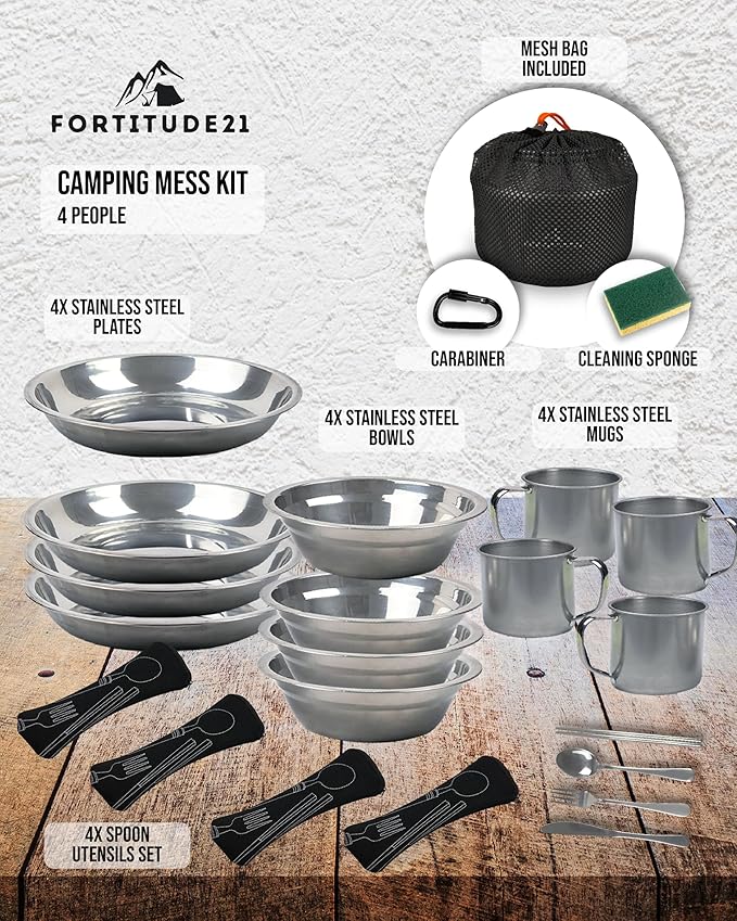 Stainless Steel Camping Mess Kit - Person's Complete Picnic & Camp Dish Set, Includes Plate, Bowl, Cup & Utensils