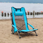 SPORT BEATS Low Beach Chairs Set of 2 Folding Beach Chairs High Back Support with Head Pillows Shoulder Straps