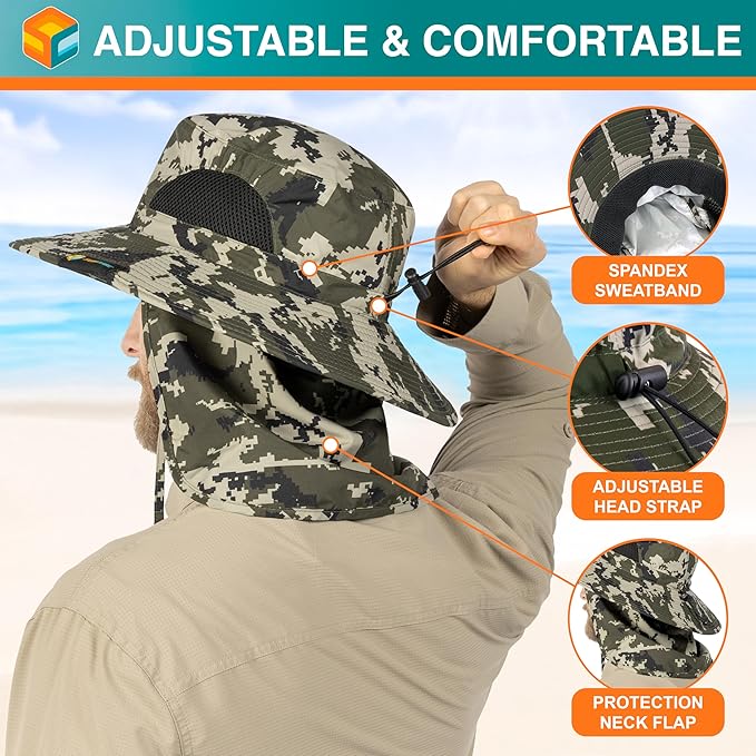 SUN CUBE Wide Brim Sun Hat Men Women, Fishing Hats Sun UV Protection, Mens Hiking Bucket Hat Safari Beach Boonie, UPF 50+