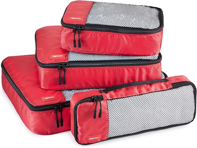 Amazon Essentials 4-Piece Packing Cubes Travel Accessories Set, Luggage Organizer with Double Zipper, Mesh Top, 100% Polyester, Small/Medium/Large/Slim, Red (Previously Amazon Basics)