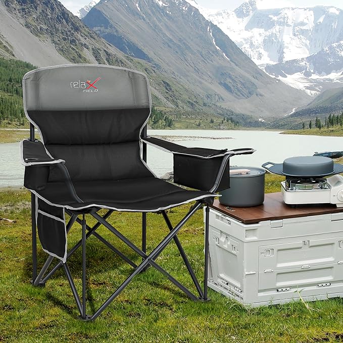 Oversized Folding Camping Chair, Heavy Duty Support 500LBS Outdoor Chair with Cup Holder Storage and Cooler Pouch, Collapsible Padded Arm Chair for Sports Garden Beach Fishing, Black