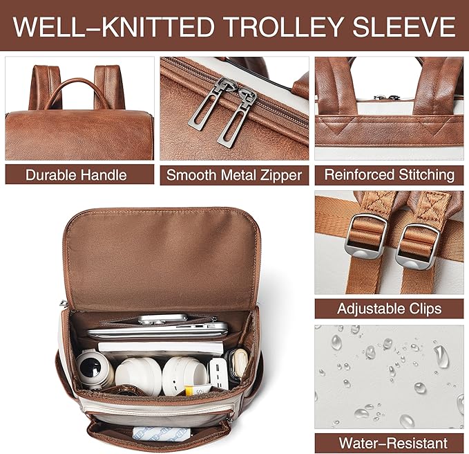 Leather Backpack for Women, Fits 17 Inch Laptop in Main Compartment, Dedicated 15.6 Inch Padded Sleeve, Large Vegan Leather Travel Computer Bag with Luggage Strap for Business and Work, Beige