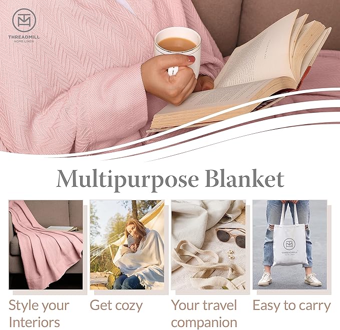Threadmill Luxury Cotton Blankets for Twin Size Bed | All-Season 100% Cotton Twin Blanket for Bed | Herringbone Soft & Cozy Fall Thermal Blanket, 350GSM, 68x92 inches | English Rose