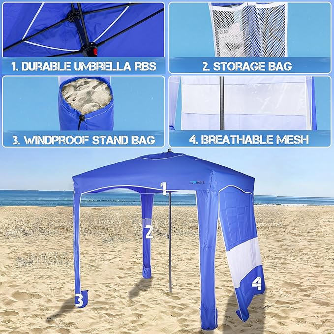 UPWELL Beach Tent Easy Set Up Canopy Sun Shelter Shade with UPF 50+UV Protection Portable Beach Umbrella Outdoor Sunwall with Sand Pockets for Fishing Backyard Camping (Blue)