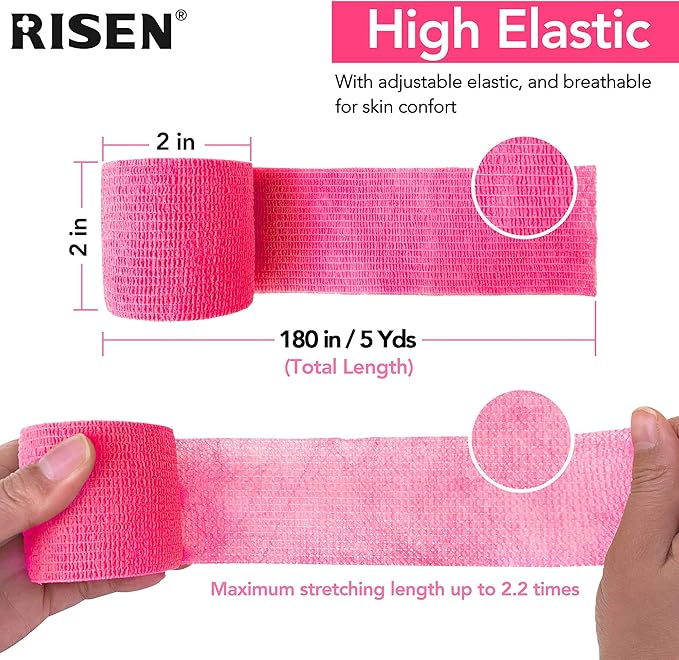 RISEN Cohesive Bandage 2” x 5 Yards, 6 Rolls, Self Adherent Wrap Medical Tape, Adhesive Flexible Breathable First Aid Gauze Ideal for Stretch Athletic