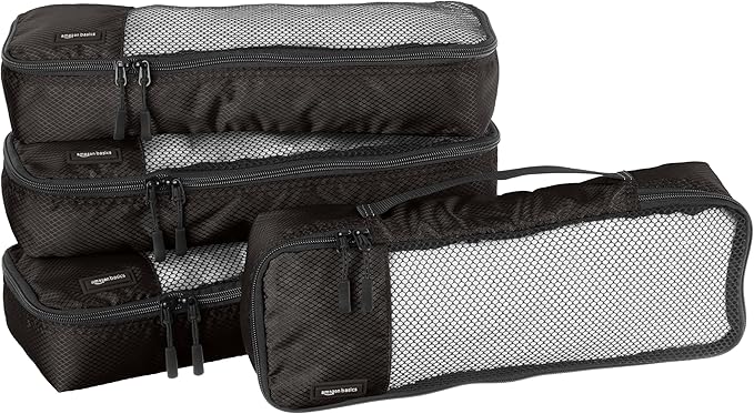 Amazon Essentials 4-Piece Packing Cubes Travel Accessories Set, Luggage Organizer with Double Zipper, Mesh Top, 100% Polyester, Slim, Black (Previously Amazon Basics)