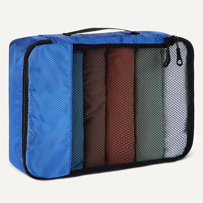 Amazon Essentials 4-Piece Packing Cubes Travel Accessories Set, Luggage Organizer with Double Zipper, Mesh Top, 100% Polyester, 2 Medium/2 Large, Blue (Previously Amazon Basics)