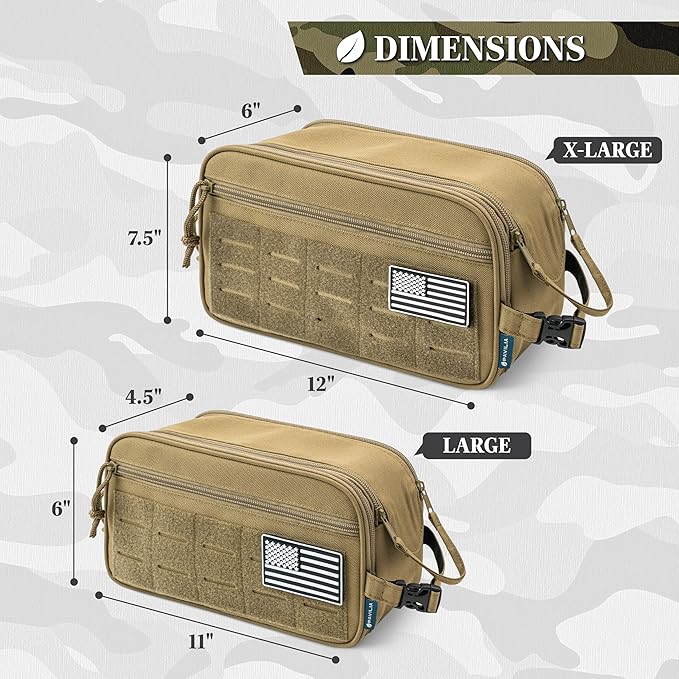 PAVILIA Tactical Toiletry Bag for Men, Travel Hygiene Bag, Military Gear Dopp Kit, Water Resist Molle Accessories Pouch, Mens Shaving Essentials, Gym Bathroom Shower Small Toiletries Tool EDC, Tan