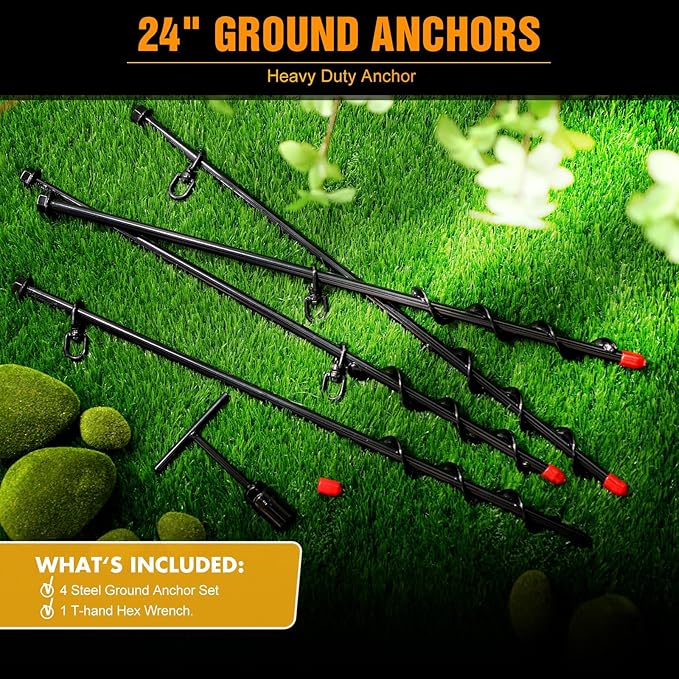 Hiboom Ground Anchor Screw Heavy Duty Earth Anchors Tent Stakes for High Wind with T Handle Hex Wrench Trampoline Hook Ground Stakes for Camping Canopies Car Ports Sheds