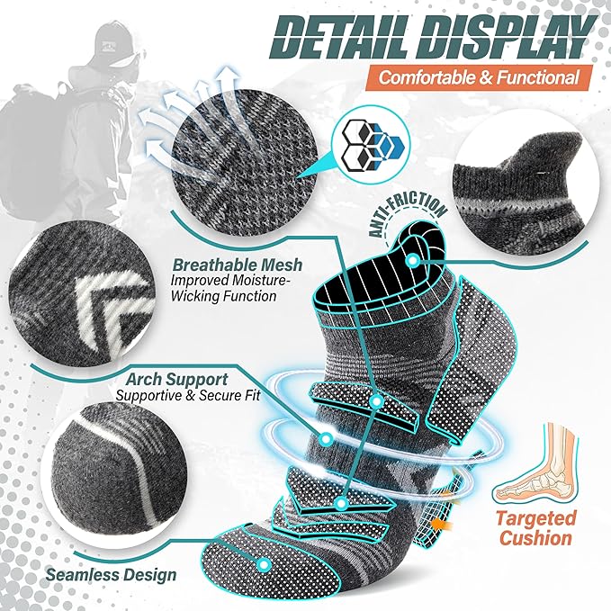 ANTSANG 6 Pairs Merino Wool Ankle Hiking Running Socks Compression Thick Cushion Breathable No Show Socks for Men Women