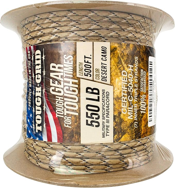 TOUGH-GRID 550 Paracord Rope Nylon Parachute Cord, Made in USA Survival Kit, Outdoor Adventures, Camping, Tactical Gear & Emergency Supplies, Military Type III Mil-Spec