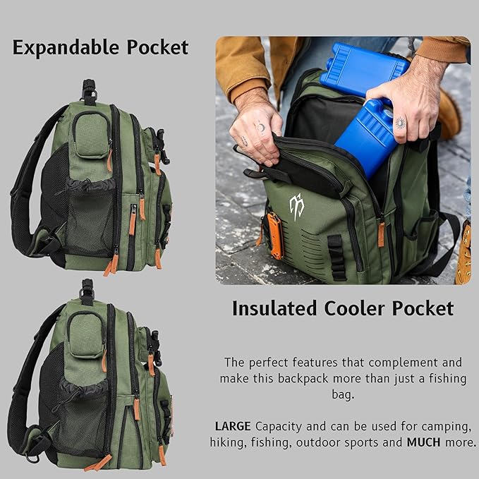 Fishing Tackle Backpack with Rod Holder 2 Tackle Boxes, Hydration Bladder - Insulated Cooler Pocket, 35L Camping Hiking Storage Bag, Fishing Gear and Equipment