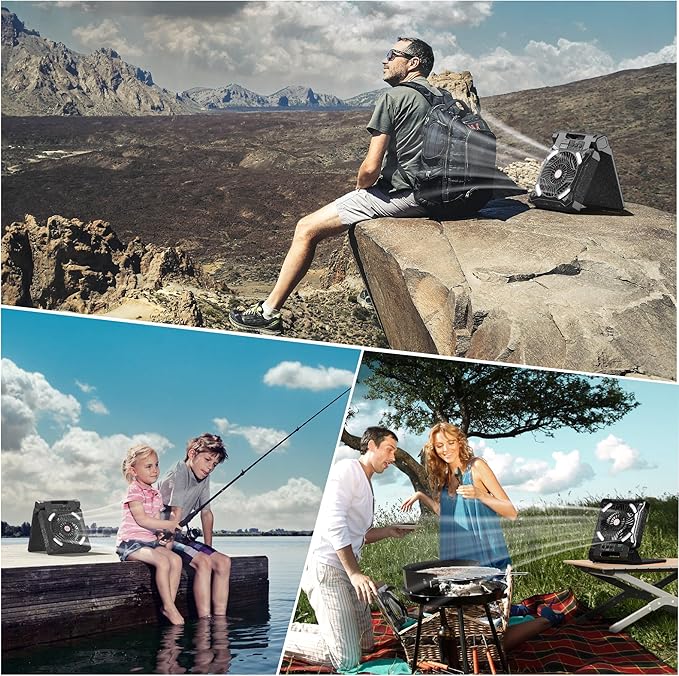 KITWLEMEN Upgraded Solar Camping Fan with Lantern - Rechargeable Battery Operated Fan, 36H Run Time Max, 4 Speeds, 8H Timer, 90° Adjustable Portable Desk Fan for Hurricane, Power Outage, Outdoor Use