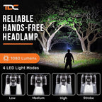 TDC Head Lamp Led Rechargeable Super Bright - USB-C Headlamp for Adults - Head Lights for Forehead - 1080 Lumen Head Flashlight - 10HR Battery for Hardhat, Camping, Hunting, Work