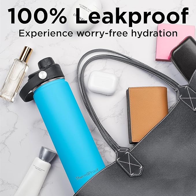 ThermoProof Double-Walled Vacuum Insulated Stainless Steel Water Bottle - Wide Mouth with Chug & Spout Lids, Dishwasher Safe, Reusable, Leakproof, Hot & Cold for Men, Women & Kids - 22oz, Light Blue