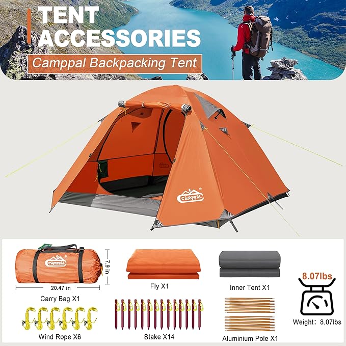 2-3 Person Backpacking Tent with Double Door 2 Vestibule, Waterproof Windproof Lightweight Easy Set Up 3 Season 2 Man Two Person Tent for Camping, Hiking, Motorcycle, Mountaineering with UPF 50+