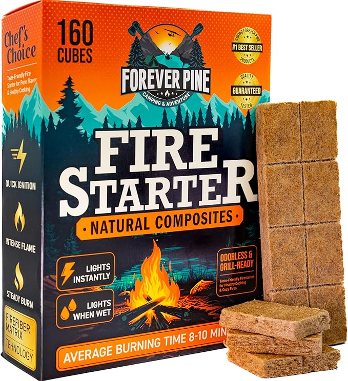 Fire Starter Cubes, 160 pcs - Easy BBQ Ignition - Natural, Waterproof & Odorless Firestarter Squares for Campfire, Charcoal Grill, Outdoor Fire Pit, Wood Stove, Fireplace, Logs - Camping Essentials