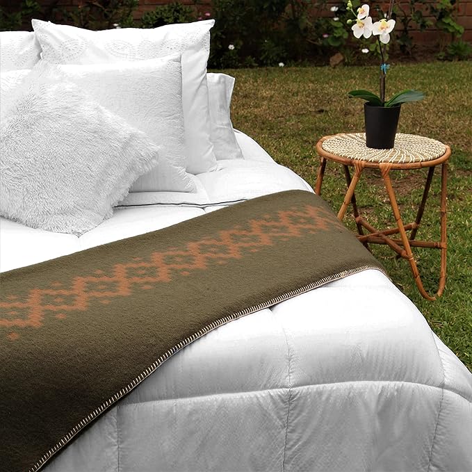 Thick Alpaca Wool Blanket Heavyweight Camping Outdoors Indoors Soft Peru Queen Size Ethnic Design (Olive Green - Soft Camel, Queen)