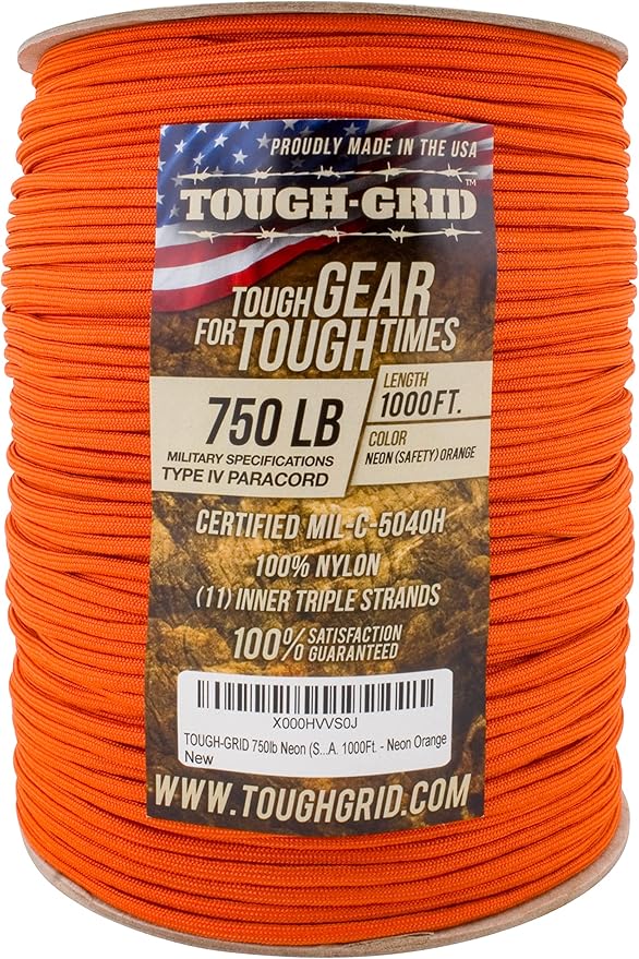 TOUGH-GRID Paracord Rope 750 lbs Nylon Parachute Cord, Made in USA Survival Kit, Outdoor Adventures, Camping, Tactical Gear & Emergency Supplies, Military Type IV Mil-Spec
