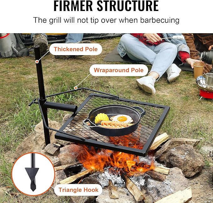 VEVOR Swivel Campfire Grill, Fire Pit Grill Grate over Fire Pits, Heavy Duty Steel Grill Grates, 360° Adjustable Open Fire Outdoor Cooking Equipment, Portable Camp Fire Racks for Camping Outdoor BBQ