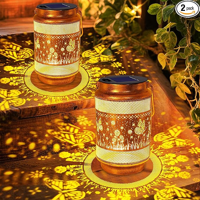 2 Pack Butterfly Solar Lanterns Outdoor Waterproof Garden Decor, Birthday Gifts for Women Mom Grandma, Metal Hanging Solar Lights for Outside Yard Patio Pathway Backyard Porch