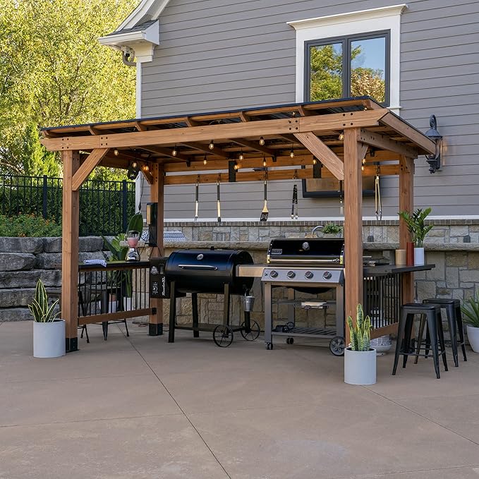 Backyard Discovery Saxony XL 12' x 6' Cedar Wood BBQ Grill Gazebo Pavilion with Hardtop Galvanized Steel Roof, Bar Tops, Powerport, Snow Support, Wind Resistance, Cook Station for Outdoor Patio, Deck