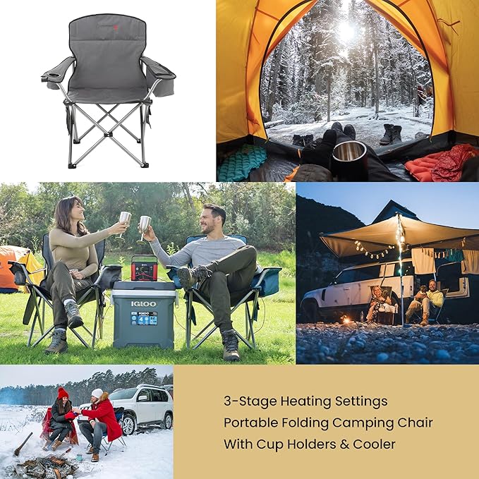 ARROWHEAD OUTDOOR 2-Pack Heated Folding Camping Chair with Cooler, 3 Heat Settings, Cup & Wine Glass Holder, Carrying Bag, Battery NOT Included, Supports up to 330lbs