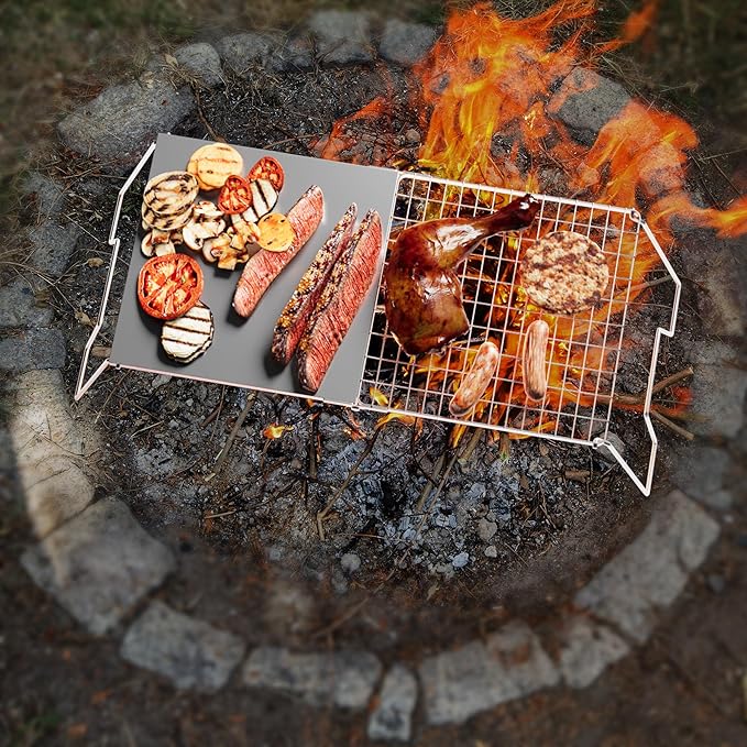 Folding Campfire Grill, 23.6" Heavy Duty Stainless Steel Grill, Grates Over Fire Pit, Portable Outdoor BBQ Camping Grill