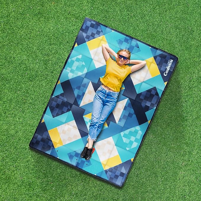 Camping Blanket, 2-in-1 Wearable Puffy Camping Blanket with Hood & Snap Buttons Waterproof Lightweight Travel Blanket Converts to Pillow for Backpacking, Beach, Picnics, Stadium(Kaleidoscope)