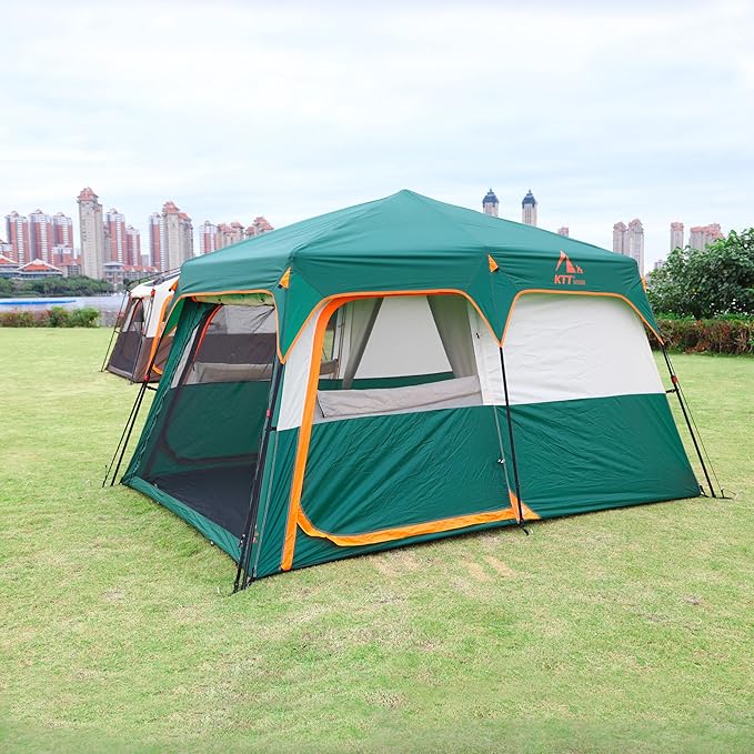 KTT Large Tent 6-12 Person,Family Cabin Tents,Straight Wall,3 Doors and 3 Windows with Mesh,Waterproof,Big Tent for Outdoor,Picnic,Camping,Family,Friends Gathering.