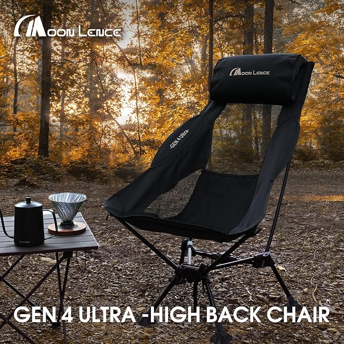 MOON LENCE High Back Camping Chair with Pillow - 330lbs Capacity Folding Portable, Wide Seat & Ergonomic Support for Backpacking Hiking Picnics (Black)